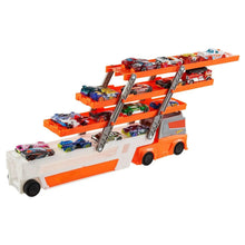 Orange and white car hauler truck playset with three open levels and stacked toy cars