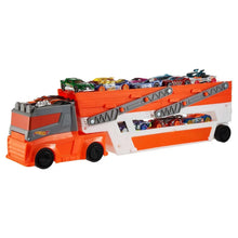 Orange and gray car hauler truck with open top storage and rows of die-cast cars