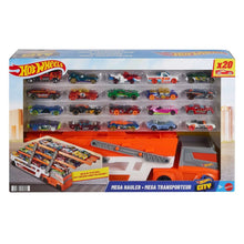 Hot Wheels car hauler truck playset box with clear window showing orange carrier and cars
