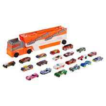 Orange and gray die-cast car hauler truck playset with attached ramp and cab
