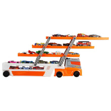Orange and white car hauler truck playset with extended ramps, gray ladder frame, and cars
