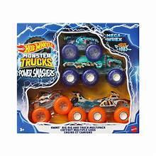 Monster truck multipack toy set in retail package with trucks and oversized wheels