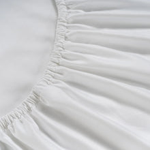 White elastic fitted-sheet edge with gathered skirt and seam detail