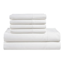 Folded white cotton sheet set with flat sheet and fitted sheet stacks