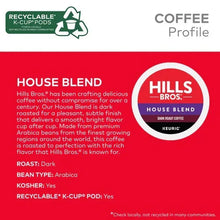 Hills Bros House Blend dark roast coffee profile panel with bean and recycle information