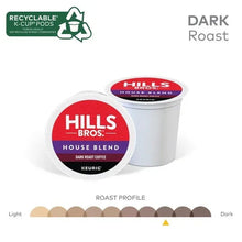 Two recyclable K-Cup pods for Hills Bros House Blend dark roast, with roaster profile bar