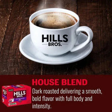 Hills Bros coffee cup on saucer with dark brew, and House Blend text panel below
