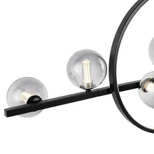Black metal bar with clear glass bulb shades for a circular LED pendant light