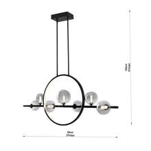 Round black LED island pendant light with clear glass bulbs; size markings shown
