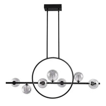 Black circular LED island pendant light with crossbar, glass globe bulbs, and two hanging cords