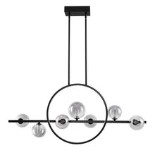 Round black LED island pendant light with clear glass bulbs on a horizontal bar