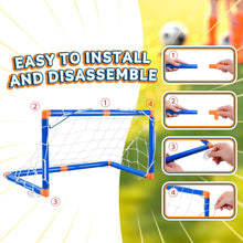 Blue foldable soccer goal frame with white net and side poles for easy setup