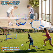 Hover soccer ball set with blue goal and inflatable cylinder for indoor play