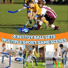 Kids playing with hover LED soccer ball beside blue goal net on outdoor grass