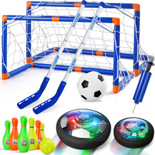 Blue foldable soccer goal net with hover LED soccer ball and orange push pump