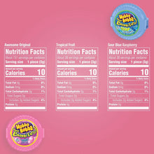 Bubble tape gum nutrition facts cards with colored flavor discs