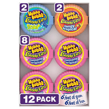 Bubble tape gum 12-pack box showing six flavor varieties