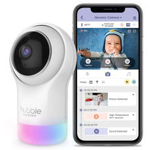 White smart HD baby monitor with camera lens and smartphone screen live feed