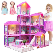 Pink dollhouse playset with multi-level rooms, stairs, and two doll figures