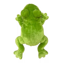 Green plush frog back view with beige belly panel and raised arms and legs