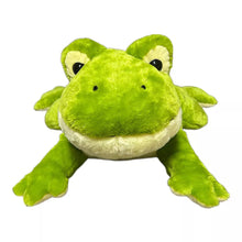 Green plush frog with beige belly, large eyes, and small arms and legs