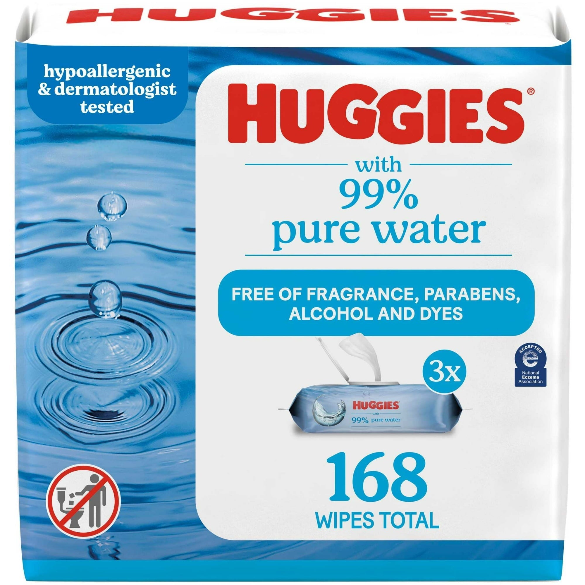 Huggies 99% Pure Water Unscented Wipes, 3 Flip-Top Packs, 168 Total Count