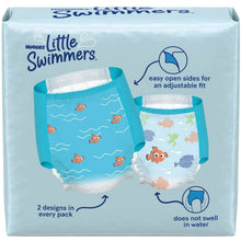 Two blue Little Swimmers swim diapers with sea-animal prints in package