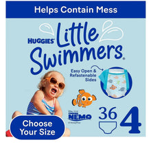 Blue Little Swimmers swim diaper, sea print, sizes 3-6 shown on package