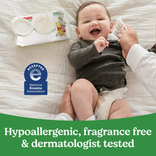 Huggies sensitive baby wipes beside a baby, with hypoallergenic fragrance-free message
