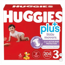 Baby diapers box with HUGGIES plus branding and size 3+; 204-count