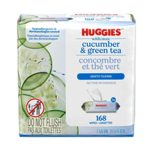Huggies cucumber & green tea wipe box with 168 count and “do not flush” notice