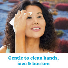 Baby wipe wiping a person’s face; gentle cleaning with fresh & clean wipes