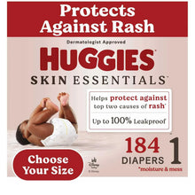 HUGGIES Skin Essentials diaper box front with rash protection and 184 diapers