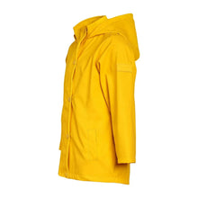 Yellow kids rain jacket side view with buttoned pocket flaps