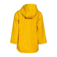 Yellow kids rain jacket with attached hood and curved back hem