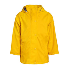 Yellow kids rain jacket back view with hood and buttoned center