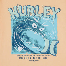 Boys graphic tee front panel with blue fish illustration and Hurley lettering