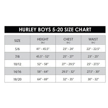 Boys 5–20 size chart table with height, chest, and waist measurements