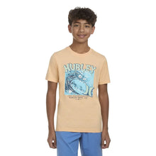 Boys short-sleeve graphic tee in tan with blue fish logo on front