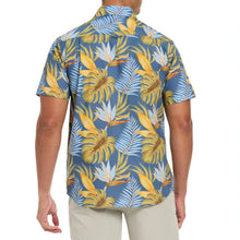 Men's back view short-sleeve woven shirt with blue tropical leaf and flower print
