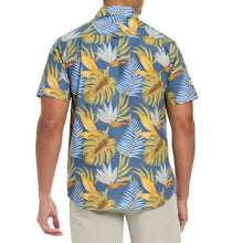 Men's tropical print short-sleeve woven shirt, back view with curved hem