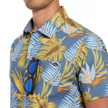Men's tropical print short-sleeve shirt with button placket, pointed collar, chest pocket