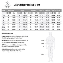 Men's short sleeve shirt size chart with measurements for chest, sweep, sleeve, and shoulder