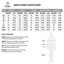 Hurley men's short sleeve shirt size chart with measurement table for XS–XXXXL