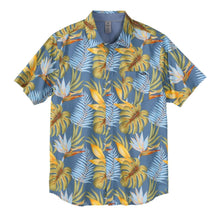 Men's short-sleeve woven shirt with blue tropical floral palm print and button front