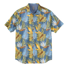 Men's short-sleeve woven shirt in blue with yellow tropical leaf print, button front