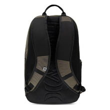 Rider backpack back panel with padded straps and breathable mesh harness.