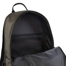 Rider backpack top compartment with mesh pocket and dark interior lining.
