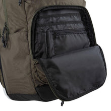 Rider backpack interior pocket with black lining and zipper closure on front panel.