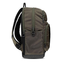 Olive rider backpack side view with black shoulder straps and zip side compartment.